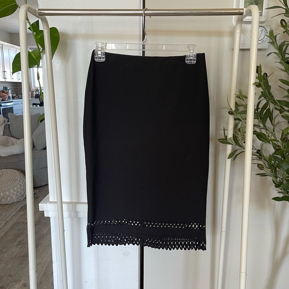fitted midi length Black office skirt with lace detailing - Picture 1 of 3